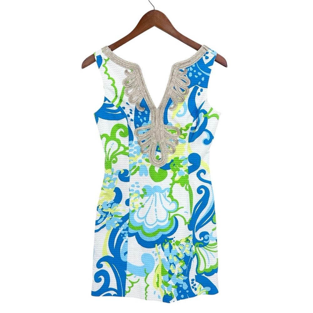 LILLY PULITZER Janice Dress White Crystal Coast Shift Gold Soutache